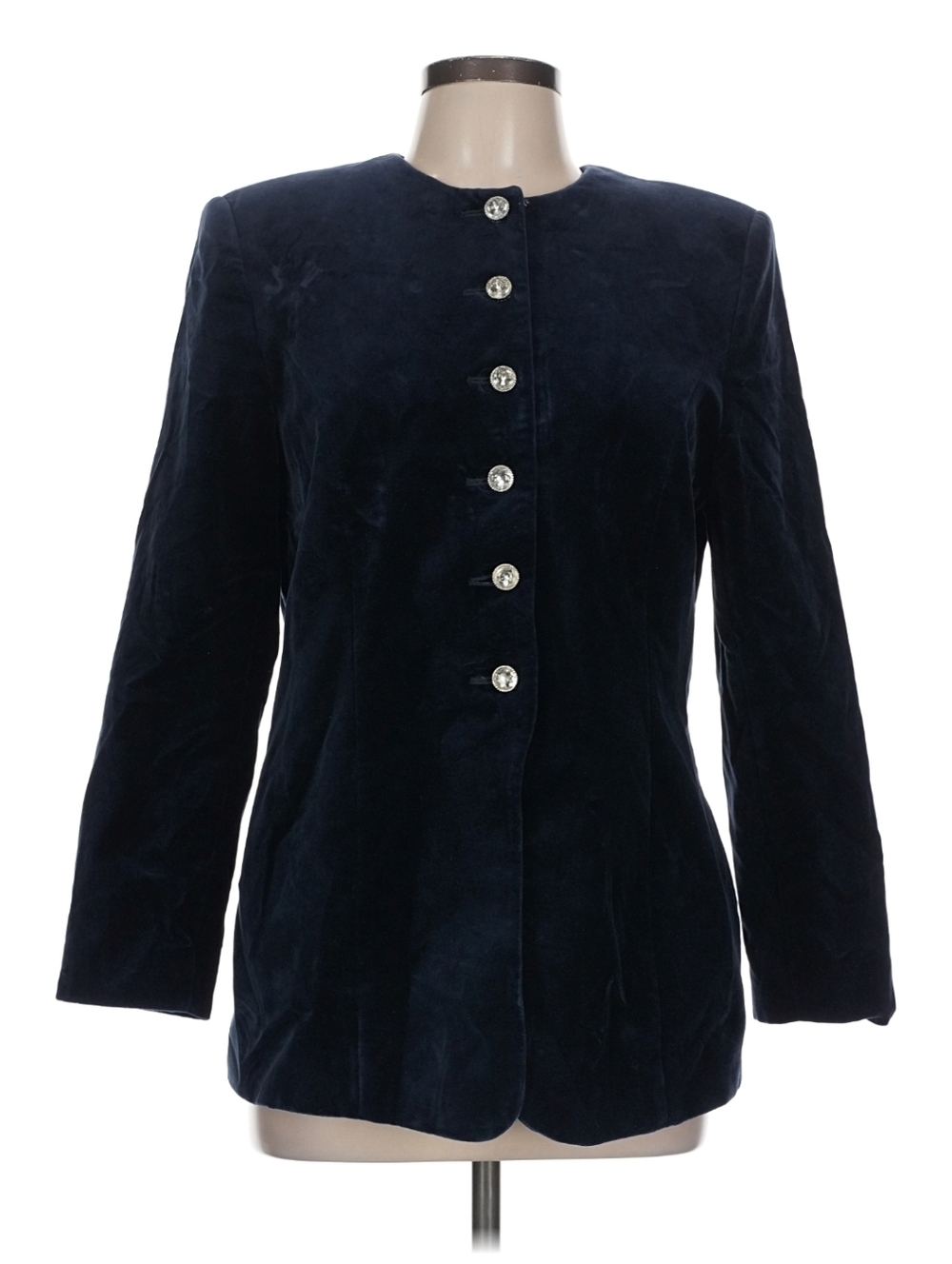 Vtg Valerie Stevens Evening Velvet Long Blazer 12 PETITE Navy Blue Rhinestone